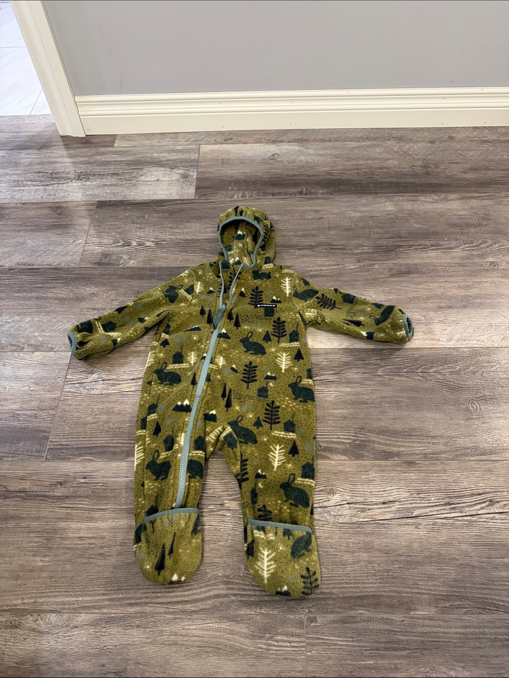 Woods Cozy Olive Green Forest Print Hooded One-Piece for Kids